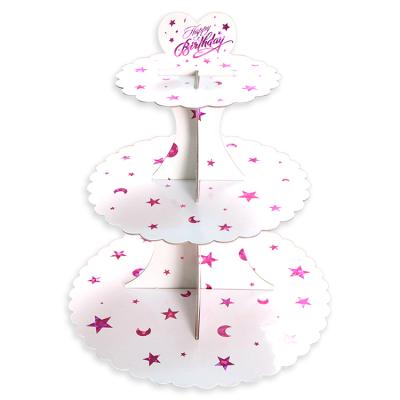 China Disposable Paper Gold Cake Stand Three Layer Folding Cupcake Dessert Candy Cookies Stand Holder Kids Birthday Party Supplies for sale