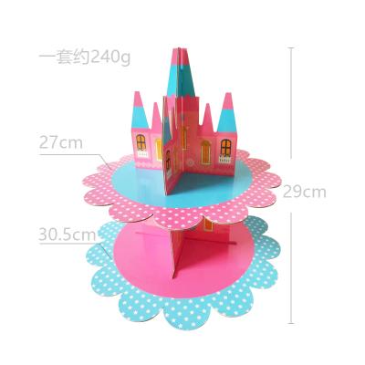 China Dessert decoration new product two-layer paper cake tower cartoon three-dimensional children's ancient cake castle cake stand for sale