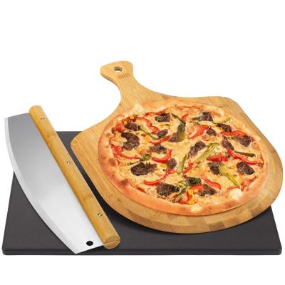 China Sustainable Bamboo Pizza Skin Set With Black Cordierite Pizza Stone For Oven And Pizza Cutter for sale