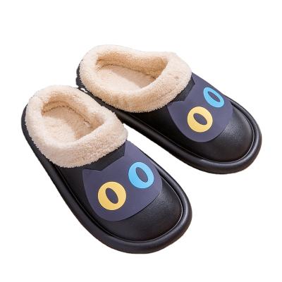 China Fashion Trend Men's Autumn And Winter PU Leather Waterproof Indoor Non-slip Lovers Slippers Use Thick Plush Soled Warm Slippers for sale