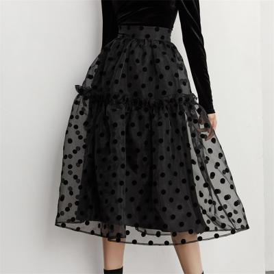 China LM0274A Breathable black organza flocked high-waisted lady polka dot clothing fashion skirt tutu a-line skirt for sale