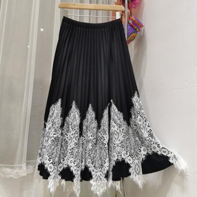 China LM0326A Long Skirt Irregular Lace Skirt Breathable Black And White Stitching Pleated Fashion Lady Clothing for sale