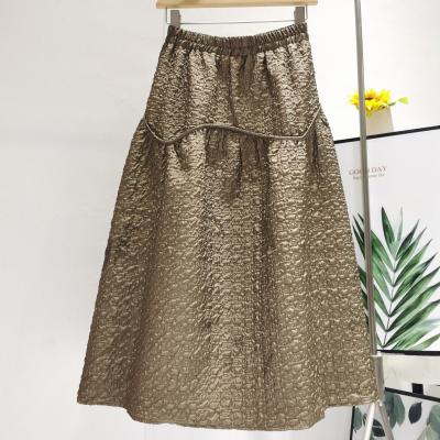 China LM0386A Spring Skirt Umbrella Waist Mid Length Skirt New Style Jacquard Waist Line A Breathable Elastic High Waist Long Skirt for sale