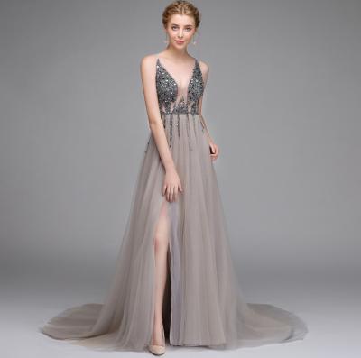 China CL1081A Deep V Neck Evening Dress Lady Halter Cocktail Dresses Party Long Breathable Lace Dresses for sale