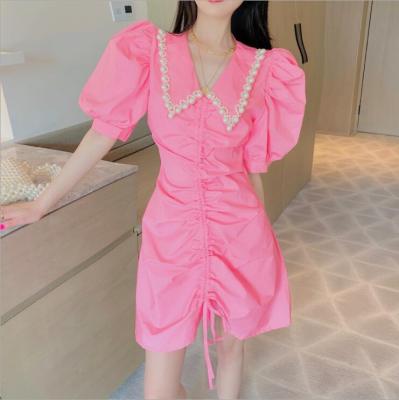 China LM8569Q Small Perfume Pearl Breathable Dress Breathable Drawstring Pleated Dress Lapel Casual Wear Women Clothing for sale