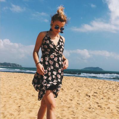 China ZY1345A Long V-Neck Chiffon Halter Beach Dress Anti-Static Printed Back Spaghetti Tie Up Dress for sale