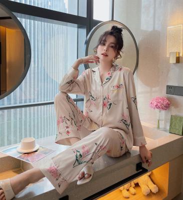 China QUICK DRY Two Piece Flower Printed Women Pajamas Girl Romantic Silk Sleepwear for sale