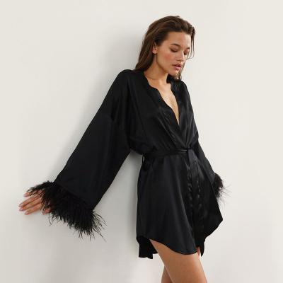 China QUICK DRY Women Shorts Sexy Silk Fur Robe Long Robe Pajamas Set for sale