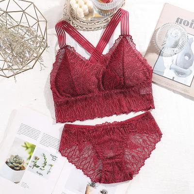 China 2021 new design breathable women lace up bra and panty sets elastic lace bra and panty brief setsxxx bralette sets high quality lingerie for sale