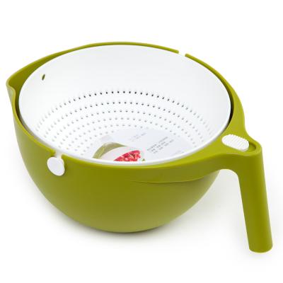 China Sustainable Kitchen D879 360 Degree Rolling Plastic Lockable Colander And Bowl With Handle For Washing Fruits And Vegetables for sale