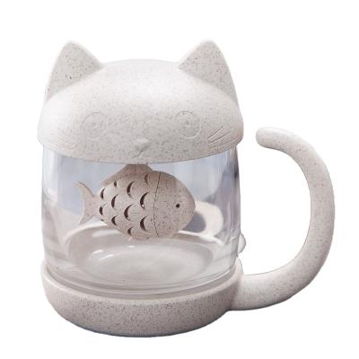 China Fruit Tea High Heat Resistance Cartoon Cat Shaped Filter Glass Tea Mug 250ml for sale