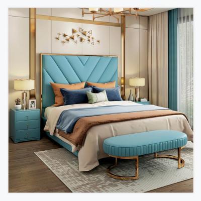 China Factory price durable hot sale luxury bedroom with foot rest bedside table blue leather bed for sale