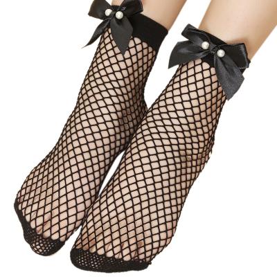 China Breathable Stylish Short Tube Beading Fish Net Mesh Fabric Lady Beaded Crew Socks With Bowknot For Women for sale