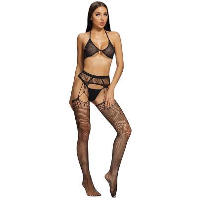 China Breathable Sexy Hollow Burst Bra And Net Mesh Fabric Rhinestone Suspender Bottom Briefs Set With Garter Belt For Women for sale