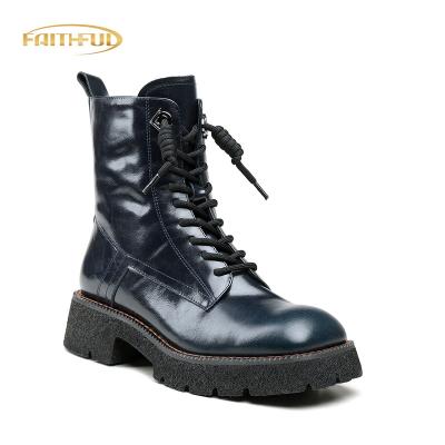 China Thermal Super Light Sole Blue Calf Leather Square Toe Martin British Boot Fashion Flat Heels Warm Winter Combat Boots Womens Botas for sale