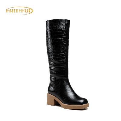 China Thermal Warm Square Toe Black Leather Boot Chunky Heel Botas Mid Calf Lady Long Women'S Winter Boots Women Shoes Stone Patter for sale