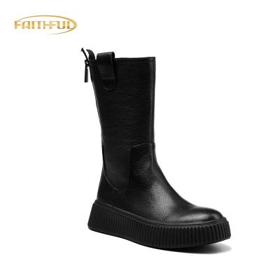 China Thermal Comfortable Winter Autumn Luxury Black Sheep Skin Platform Mid Calf Boots For Women Zipper Design Round Toe Tpr Thick Bottom for sale