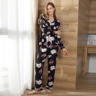 China Black QUICK DRY Fabric Floral New Arrival Tank Pajamas Designer Lounge Use Female Collared Long Sleeve Pajamas Set For Women Girls for sale