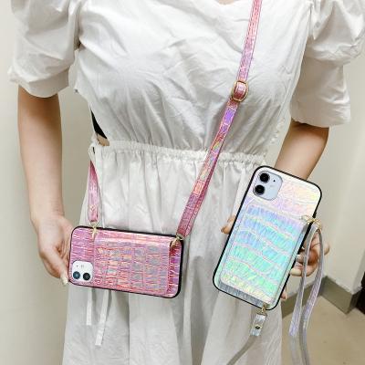 China Factory Custom Shockproof Cross - Body Crocodile Pattern Laser Credit Card Cell Phone Case For Women iPhone 11 12 13 Pro 7 8 Puls Max X Xs Xr for sale