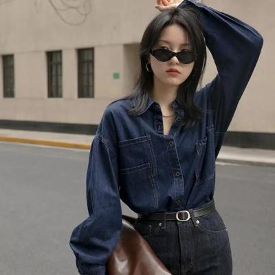 China Anti-pilling dark american new spring 2021 retro denim stacked shirt women's soft loose long-sleeved shirt for sale