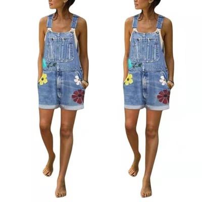 China European and American breathable hot-selling ladies denim jumpsuits loosely printed and lightly washed denim jumpsuits shorts women for sale