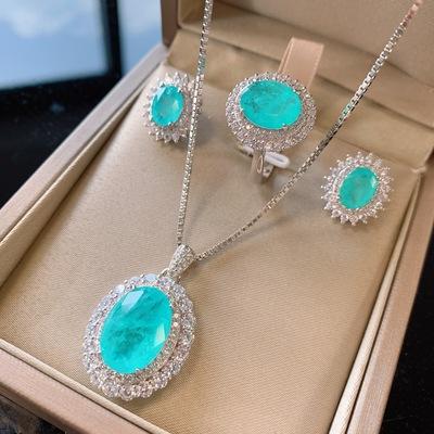 China Lead Free Nickel Free 3Pieces Earrings Necklace Rings Graceful S925 Sterling Silver Jewelry Set Fashion Paraiba Tourmaline Jewelry Set For Banquet for sale