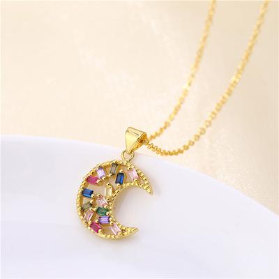 China Colorful Geometric CZ Moon Necklace Women Jewelry Full Zircon Moon Tasty Lead Free Nickel Free Statement Necklace for sale