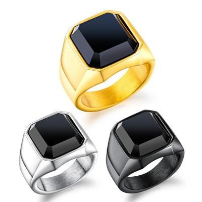 China New Design Stone Ring Simple Square Crystal Stainless Steel Glass Ring For Men Lead And Nickel Free New Black for sale