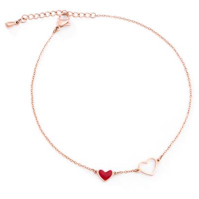 China Nickel Plated 18K Rose Gold Plated Stainless Steel Double Heart Shaped Anklet Red Lead Free Charm Anklets For Women Girls for sale