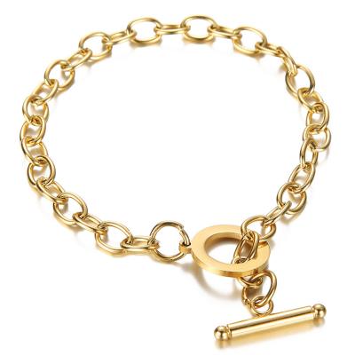 China 2021 New Fashion Lead Free Nickel Free 18K Gold Plated Round 316L Stainless Steel Link Chain Bracelet OT Stainless Steel Circle Clasp Bracelet for sale