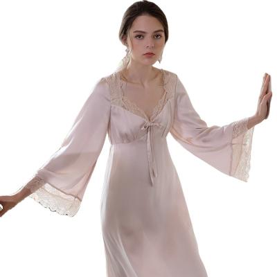 China Breathable Long Sleeve Silk Sexy V-Neck Lace Up Retro Long Sleepwear Homewear Night Dress for sale