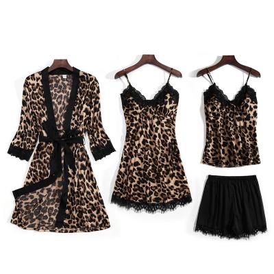 China Breathable women sexy leopard print four piece set ice silk nightgown womens sling homewear for sale