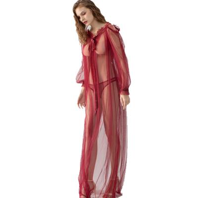 China Breathable Mesh Lace Transparent Loose Sexy Home Wear Long Night Dress Female Sleepwear for sale