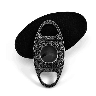 China Minimalist Classic Black Color Carving Pattern Cutter Knife OEM Logo Double Edge Cigar Cutter For Cigar for sale