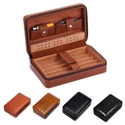 China New Sale Cedar Wood Humidor Portable Travel Cigar Case High End Luxury Cigar Box Humidor Leather Case With Logo Customized for sale