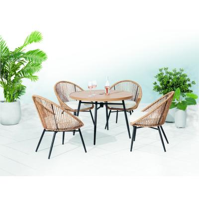 China Modern Outdoor Living Furniture Simple Design 5 Piece Bistro Set Round Wooden Dining Table and 4 Rattan Chairs with Cushions for sale