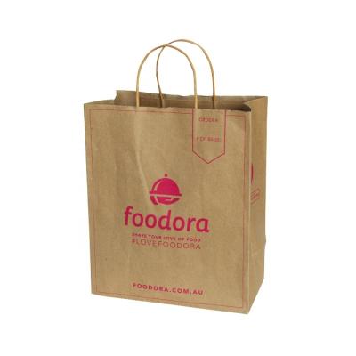 China Recyclable Custom Restaurant Fast Food Take Out Kraft Paper Craft Brown Takeout Packaging Bags For Food With Handle for sale