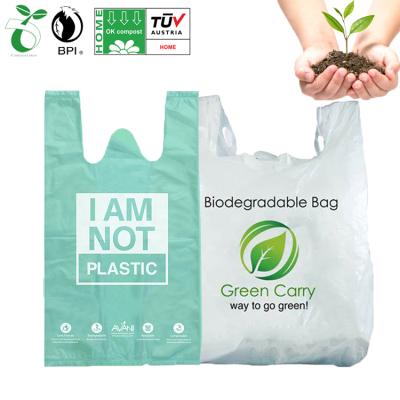 China BIODEGRADABLE Custom Compostable Cornstarch Grocery Bag Single Layer Laminated Eco Bio T-Shirt Plastic Bags With Logo for sale