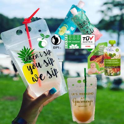 China Customized Biodegradable Clear Water Liquid Food Moisture Proof Drink Fill Disposable Plastic Juice Beverage Spouted Pouch With Straw Hole for sale