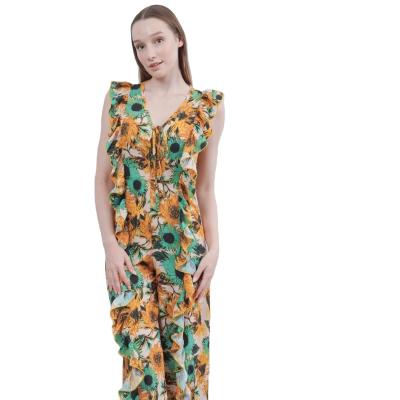 China Anti-pilling High-send New Customized Women V-Neck One-Piece Sets Sun Flower Print Woven Romper Sleeveless Ruffle Chiffon Jumpsuit for sale