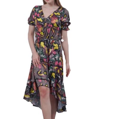 China Breathable LADIES PRINT CASUAL V-NECK TIERED RUFFLE DRESS for sale