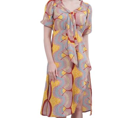 China BREATHABLE V-NECK PRINT LADIES ASYMMETRIC DRESS SMOCKS CASUAL TIE for sale