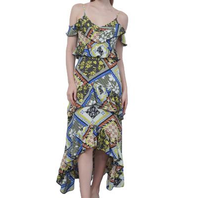 China Breathable LADIES PRINT V-NECK CASUAL STRAP COLD UP Asymmetrical RUFFLE TIERED CUTOUT DRESS for sale