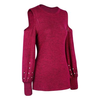 China Anti-Wrinkle Fashion Design Women Clothing Tops Blouse Pearl Trim Long Sleeve T-shirt for sale