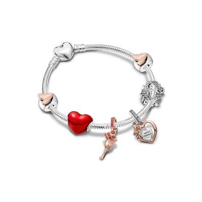 China 925 Sterling Silver Heart Pendant Bracelet Rose Flower Love Charm Bead DIY Casual/Sporty Bracelet Mothers Day For Women for sale