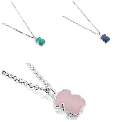 China CLASSIC Blue Quartz Pendant 925 Sterling Silver Necklace Rose Quartzite Flat Green Bear Touses Dumortierite Bear Necklace for Women for sale