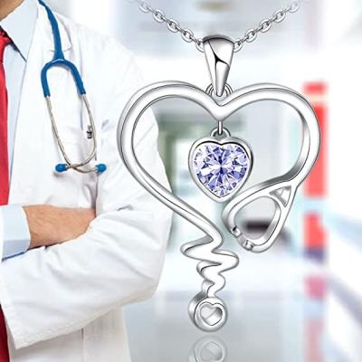 China CLASSIC Nurse Necklace for Women 925 Sterling Silver Stethoscope Heartbeat Necklace 12 Pendant Birthstone Heart Jewelry Gifts for Girls for sale