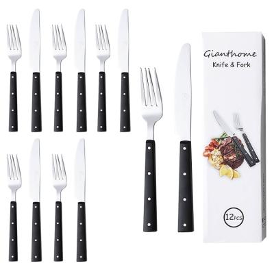 China Sustainable 12 Pcs Steak Set 6 Forks 6 Forks Plastic Black Flatware Handle Design Stainless Steel Steak Knife And Fork Set for sale