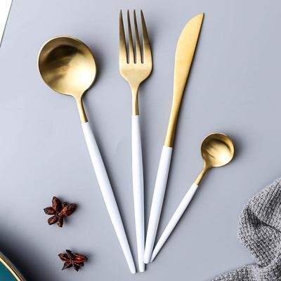 China 4pcs Gold Flatware Sustainable Retail Part Used Spray Paint Handle Indelible Design PVD White Gold Cutlery for sale