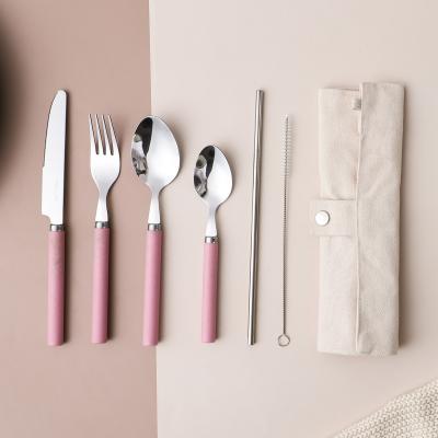 China Sustainable Soft Pack 6 Pcs Pocket Cutlery Set Wheat Straw Handle Stainless Steel Eco Friendly Pink Flatware For Travel for sale